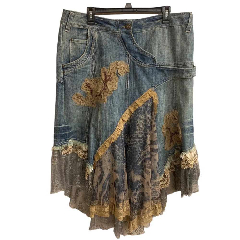 Black Cat bc Art To Wear Boho Eccentric Denim Skirt Sz 38 Asymmetrical Lace Hem